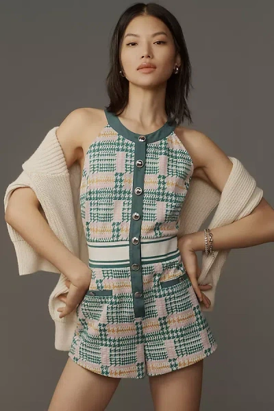 Maeve Sleeveless Button-front Knit Romper In Green