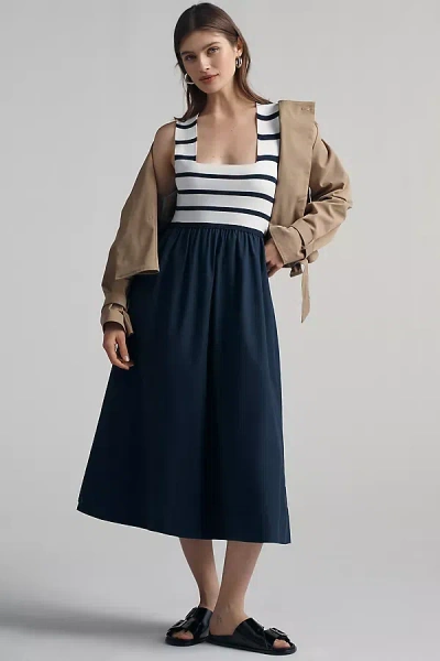 Maeve Sleeveless Crossback Twofer Midi Dress In Blue