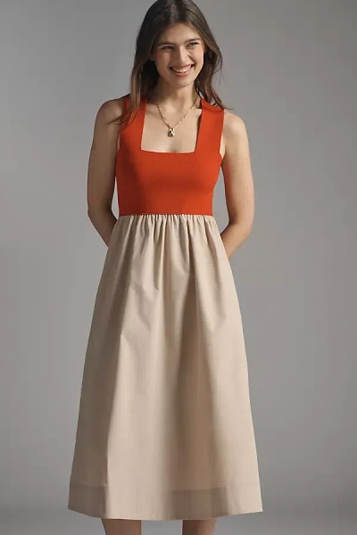 Maeve Sleeveless Crossback Twofer Midi Dress In Red