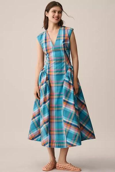 Maeve Sleeveless V-neck Basque-waist Midi Dress In Blue