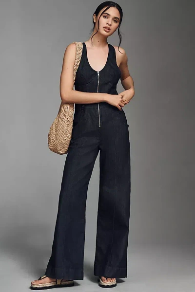 Maeve Sleeveless V-neck Flare Denim Jumpsuit In Blue