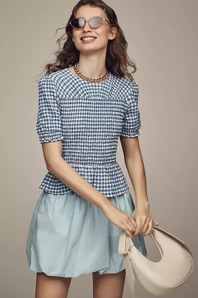 Maeve Smocked-bodice Puff-sleeve Blouse In Blue
