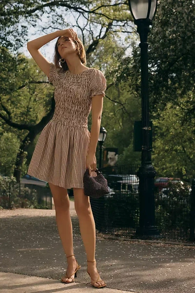 Maeve Smocked Puff-sleeve Mini Dress In Brown
