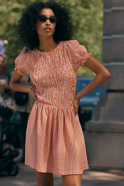 Maeve Smocked Puff-sleeve Mini Dress In Multi