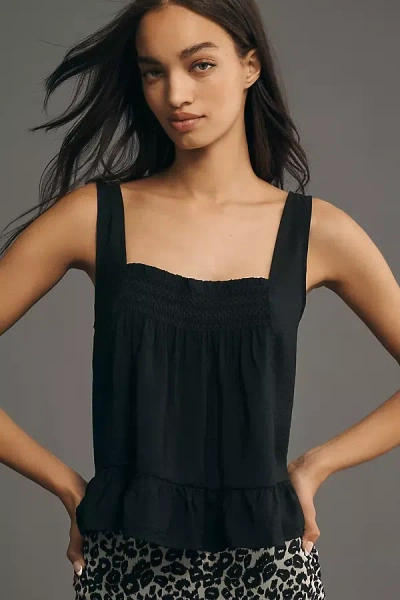 Maeve Smocked Ruffle-hem Swing Tank Top In Black