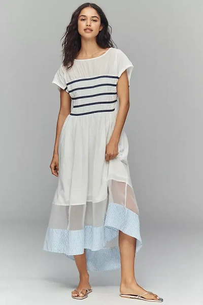 Maeve Smocked Short-sleeve Sheer Hem Midi Dress In White