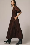 Maeve Smocked V-neck Half-sleeve Tiered Midi Dress In Brown