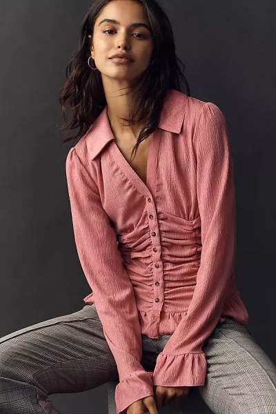 Maeve Smocked V-neck Ruffle Top In Pink