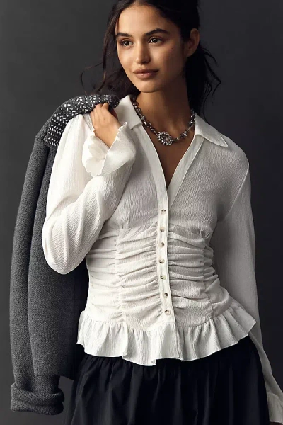 Maeve Smocked V-neck Ruffle Top In White