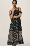 Maeve Square-neck Sheer Floral Midi Dress In Black