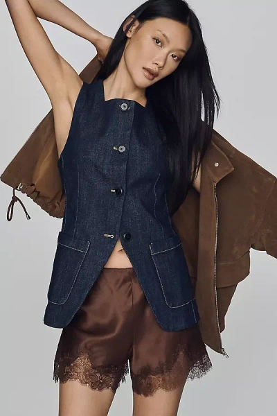 Maeve Square-neck Cutaway Denim Vest Jacket In Brown