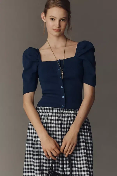 Maeve Square-neck Puff-sleeve Cardigan Sweater In Blue