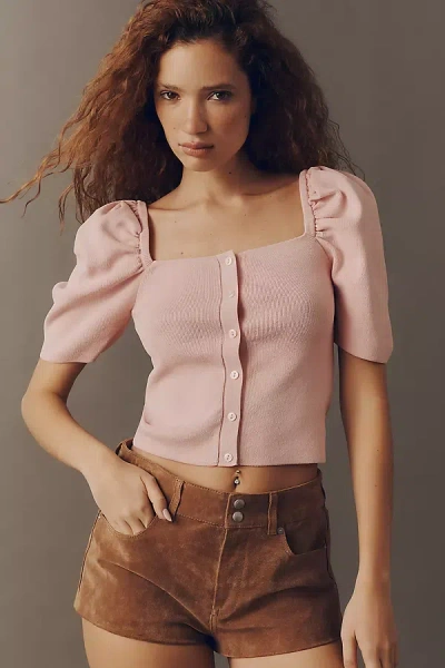 Maeve Square-neck Puff-sleeve Cardigan Sweater In Pink