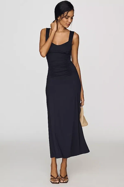 Maeve Square-neck Ruched Knit Midi Dress In Blue