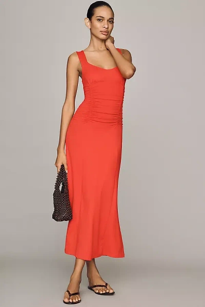 Maeve Square-neck Ruched Knit Midi Dress In Red