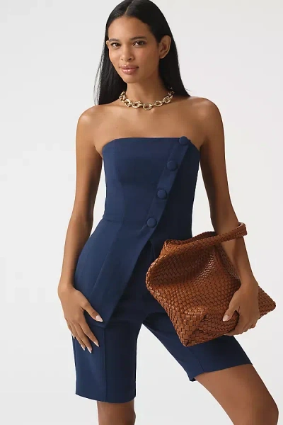 Maeve Strapless Asymmetrical Buttoned Tailored Blouse In Blue