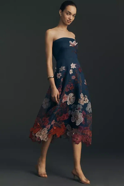 Maeve Strapless Floral Chiffon Midi Dress In Blue
