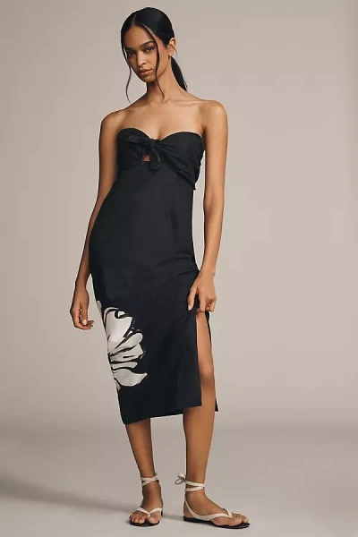 Maeve Strapless Linen Blend Twist Button-front Maxi Dress In Grey