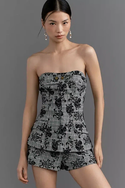 Maeve Strapless Plaid Floral Romper In Gray