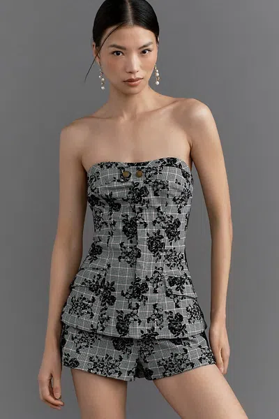 Maeve Strapless Plaid Floral Romper In Black