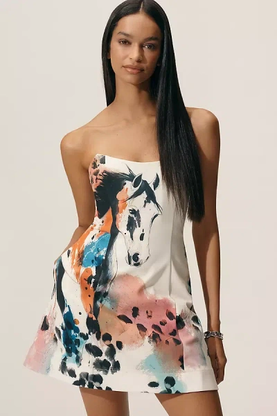 Maeve Strapless Printed Horse Mini Dress In Yellow