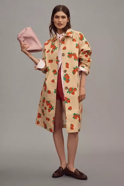Maeve Strawberry Printed Car Coat Jacket In Beige