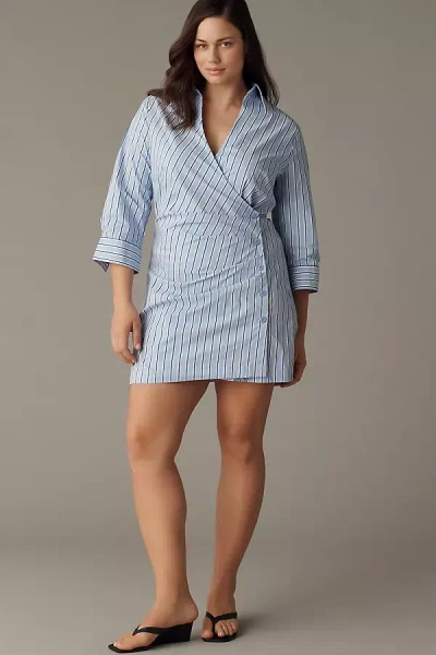 Maeve Stretch Poplin Wrap Mini Shirt Dress In Blue