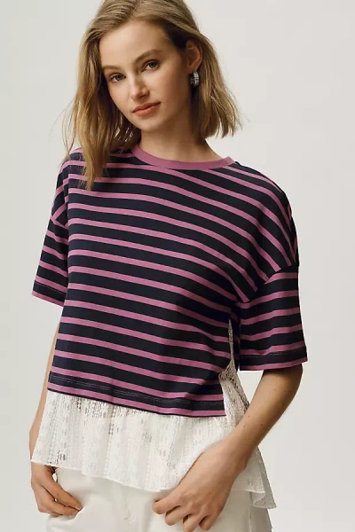Maeve Stripe Lace Hem T-shirt In Multi