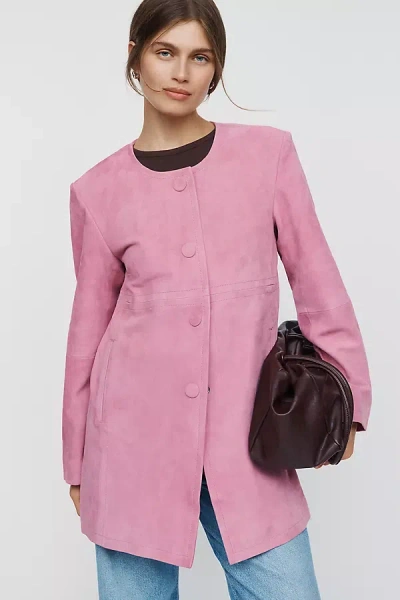 Maeve Suede Collarless Coat Jacket In Gray