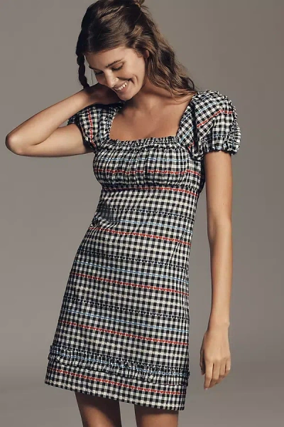 Maeve Textured Puff-sleeve Mini Dress In Black