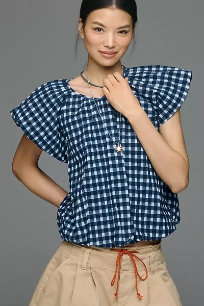 Maeve Textured Puff Sleeve Top In Blue