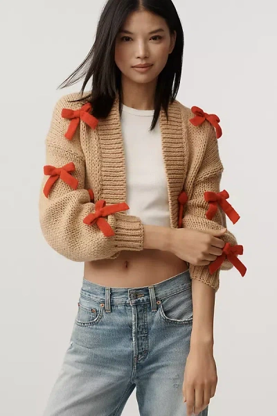 Maeve The Alicia 3d Bow Crop Cardigan Sweater By  In Brown