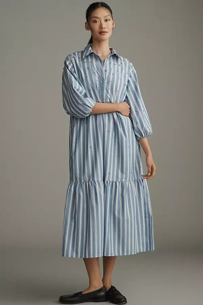 Maeve The Bettina Embellished Tiered Shirt Dress By  In Blue