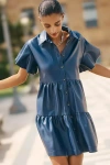 Maeve The Bettina Faux-leather Mini Shirt Dress By  In Blue