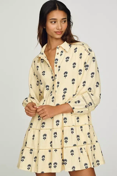 Maeve The Bettina Linen Blend Tiered Mini Shirt Dress By  In Gold