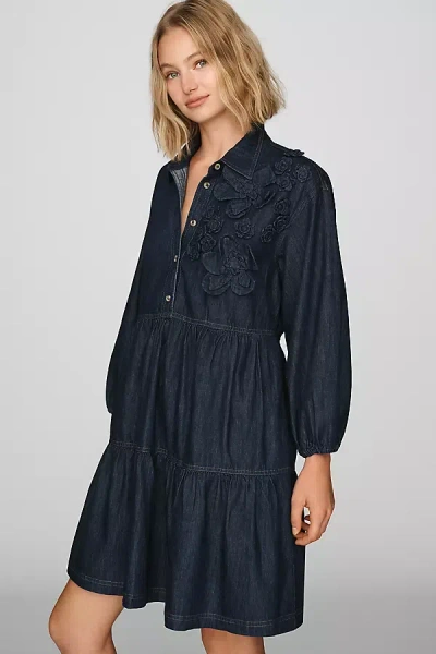 Maeve The Bettina Tiered 100% Cotton Denim Mini Shirt Dress By  In Blue