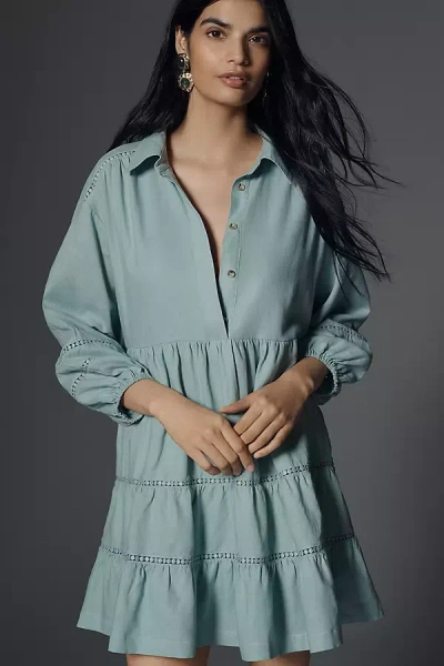 Maeve The Bettina Tiered Mini Shirt Dress By : Linen Edition In Blue