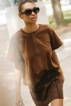 Maeve The Emmy Faux-suede Short-sleeve Swing Blouse By  In Brown