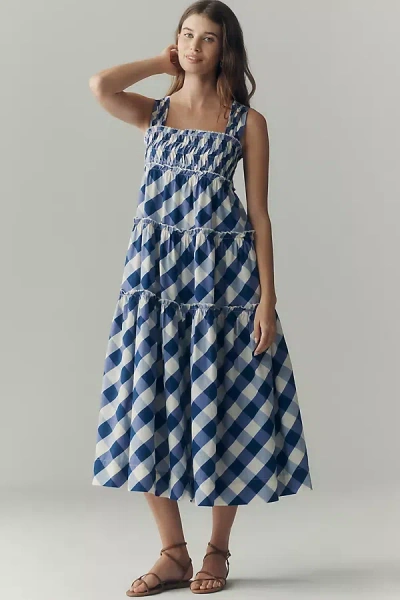 Maeve The Helena Square-neck Smocked Tiered Midi Dress In Blue