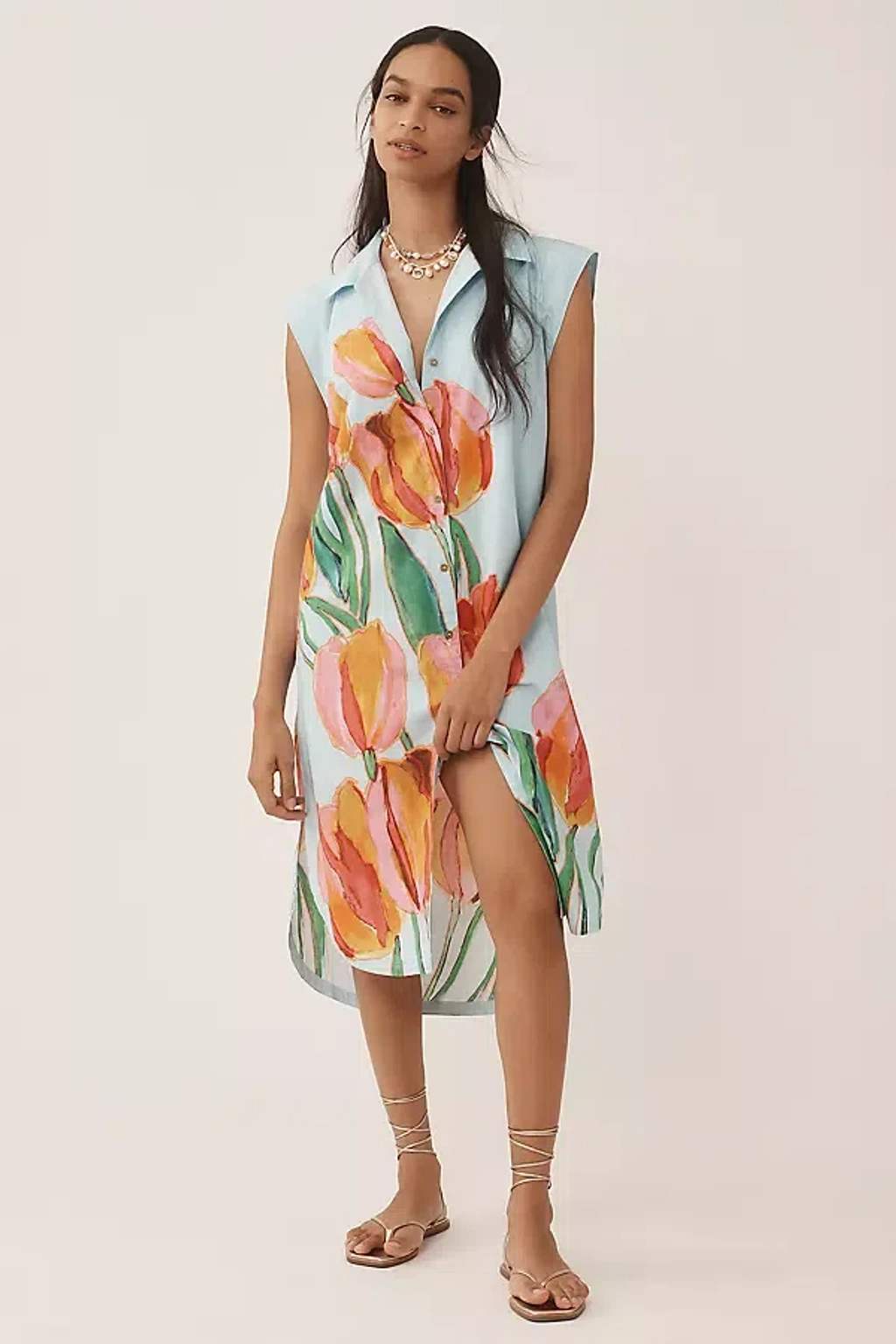 Maeve The Lillian Cap-sleeve Button-front Midi Dress By In Blue | ModeSens
