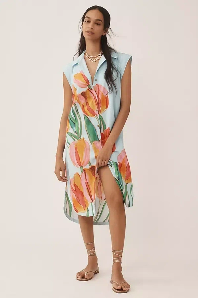 Maeve The Lillian Cap-sleeve Button-front Midi Dress By  In Blue