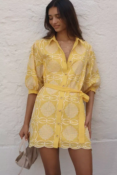 Maeve The Mona Embroidered Mini Shirt Dress In Yellow