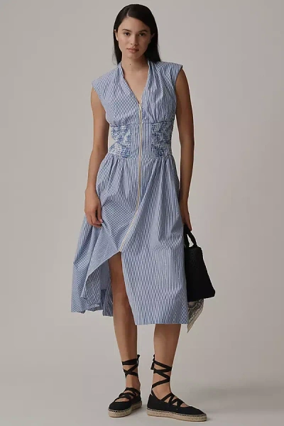 Maeve The Tommie Cap-sleeve Smocked Front-zip Shirt Dress In Blue