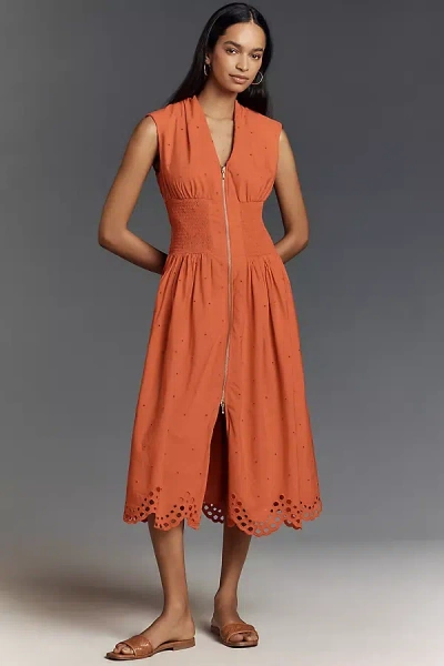 Maeve The Tommie Cap-sleeve Smocked Front-zip Shirt Dress: Eyelet-trim Edition In Orange