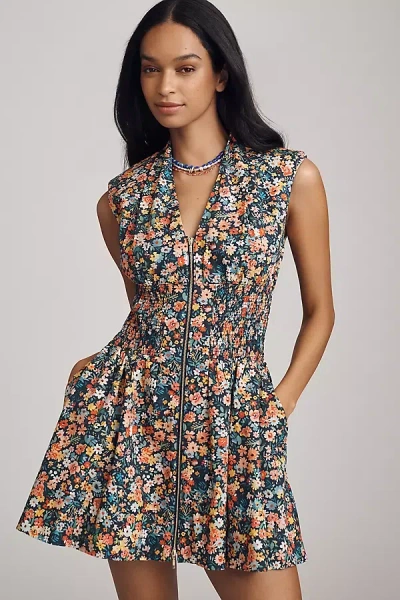 Maeve The Tommie Cap-sleeve Smocked Front-zip Shirt Dress: Mini Edition In Blue