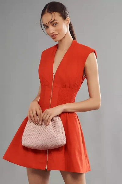 Maeve The Tommie Cap-sleeve Smocked Front-zip Shirt Dress: Mini Edition In Red