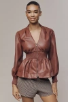 Maeve The Tommie Long-sleeve Faux-leather Smocked Front-zip Blouse In Brown