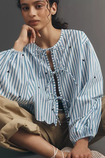 Maeve Tie-front Puff-sleeve Shirt Top In Blue