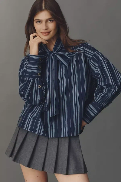 Maeve Tie-neck Cotton Blouse In Blue