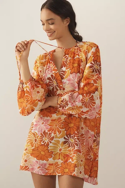 Maeve Tie-neck Printed Mini Kaftan In Pink